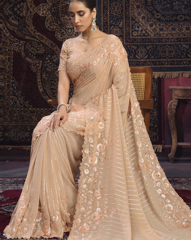 Peach Georgette Sequins Work Wedding Saree