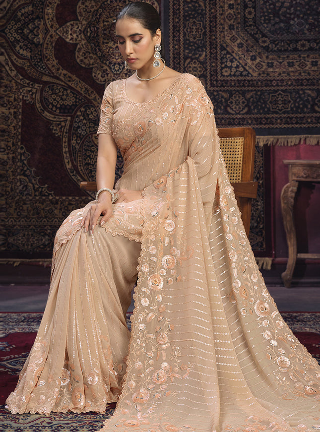 Peach Georgette Sequins Work Wedding Saree