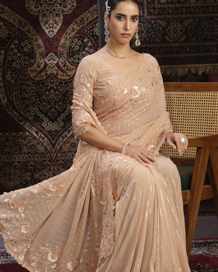 Peach Georgette Sequins Work Wedding Saree