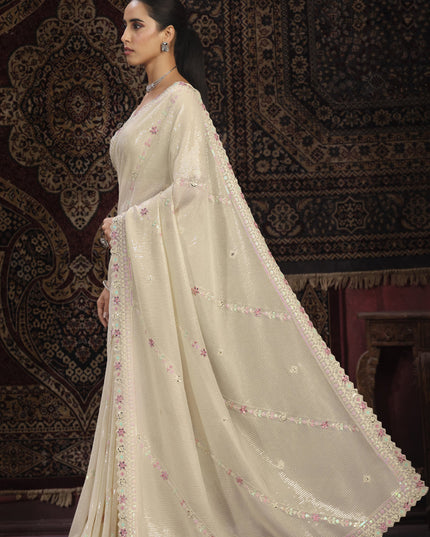 Cream Georgette Sequins Work Wedding Saree