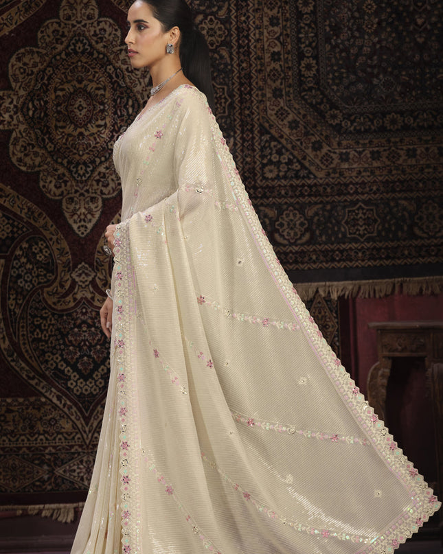 Cream Georgette Sequins Work Wedding Saree