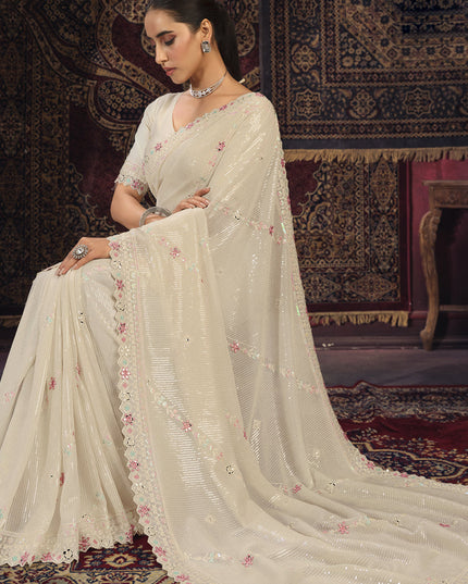 Cream Georgette Sequins Work Wedding Saree