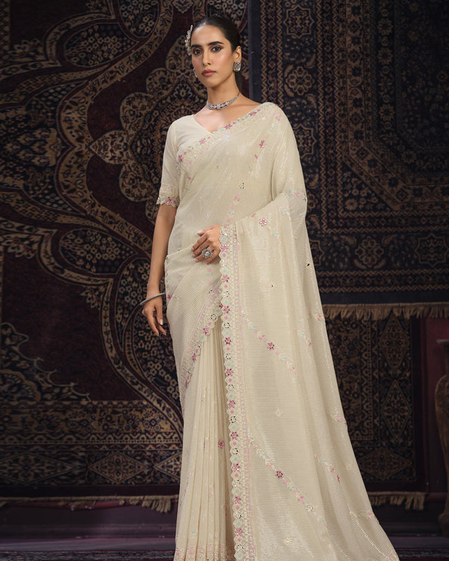 Cream Georgette Sequins Work Wedding Saree