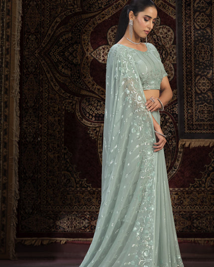 Sea Green Georgette Sequins Work Wedding Saree