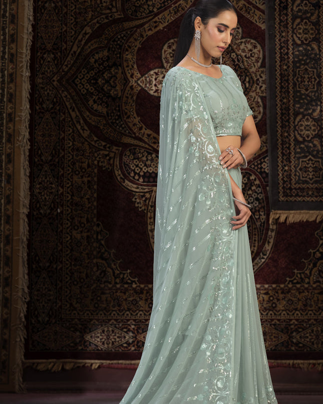 Sea Green Georgette Sequins Work Wedding Saree