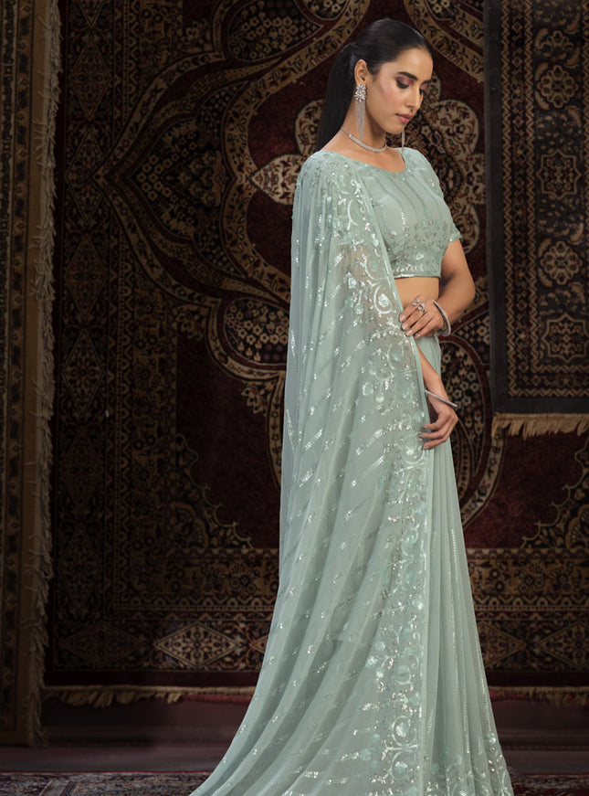 Sea Green Georgette Sequins Work Wedding Saree