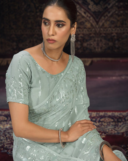 Sea Green Georgette Sequins Work Wedding Saree