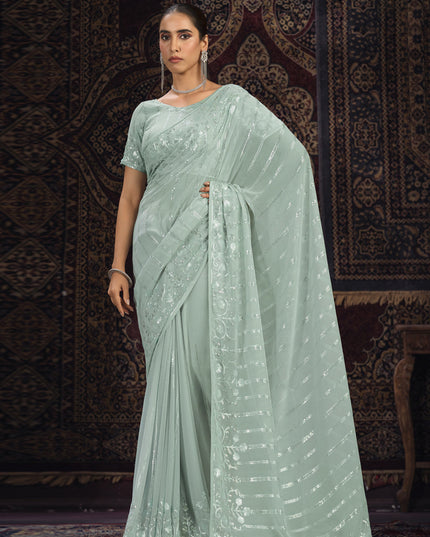 Sea Green Georgette Sequins Work Wedding Saree