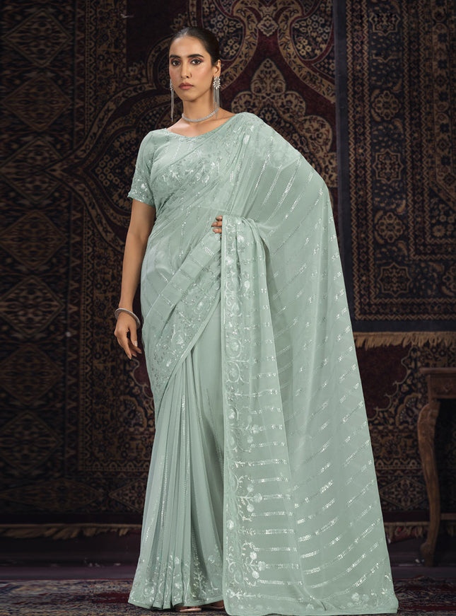 Sea Green Georgette Sequins Work Wedding Saree