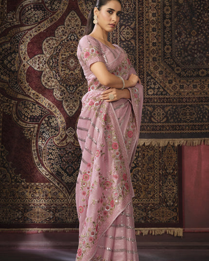 Pink Georgette Sequins Work Wedding Saree