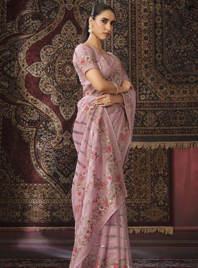 Pink Georgette Sequins Work Wedding Saree