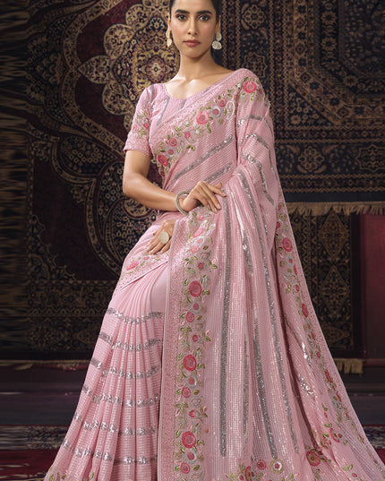 Pink Georgette Sequins Work Wedding Saree