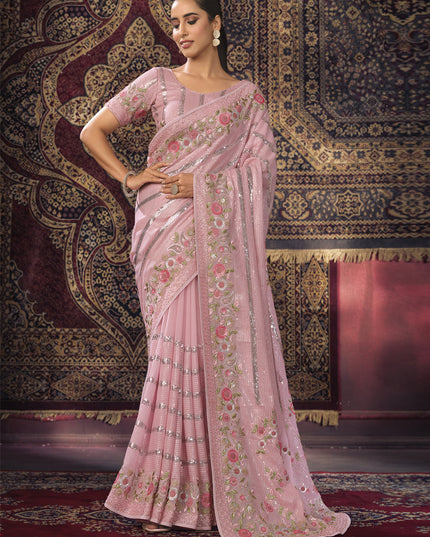 Pink Georgette Sequins Work Wedding Saree