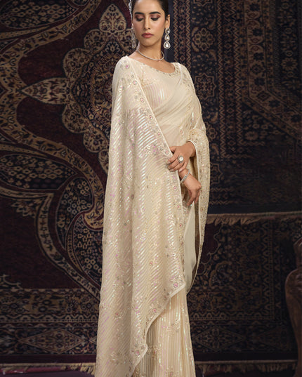 Cream Georgette Sequins Work Wedding Saree