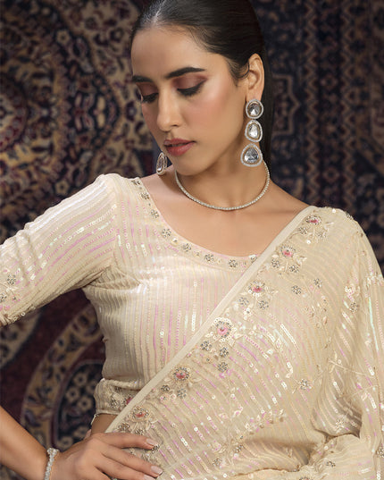 Cream Georgette Sequins Work Wedding Saree