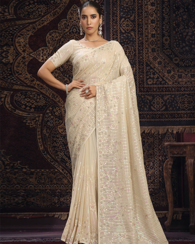 Cream Georgette Sequins Work Wedding Saree