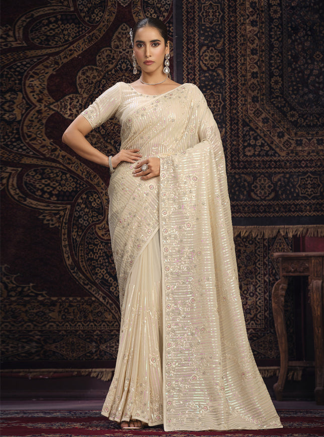 Cream Georgette Sequins Work Wedding Saree