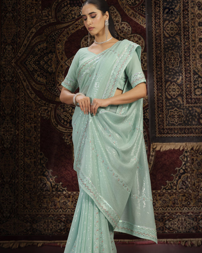 Sea Green Georgette Sequins Work Wedding Saree