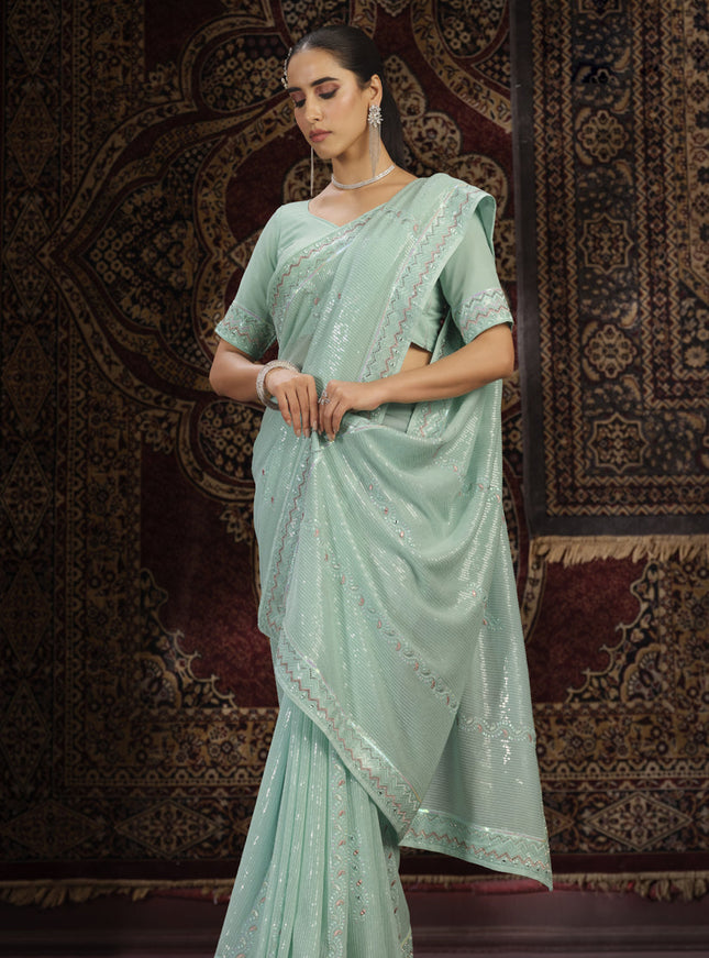 Sea Green Georgette Sequins Work Wedding Saree