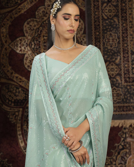 Sea Green Georgette Sequins Work Wedding Saree