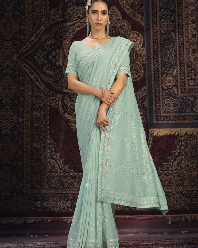 Sea Green Georgette Sequins Work Wedding Saree