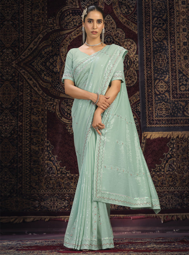 Sea Green Georgette Sequins Work Wedding Saree