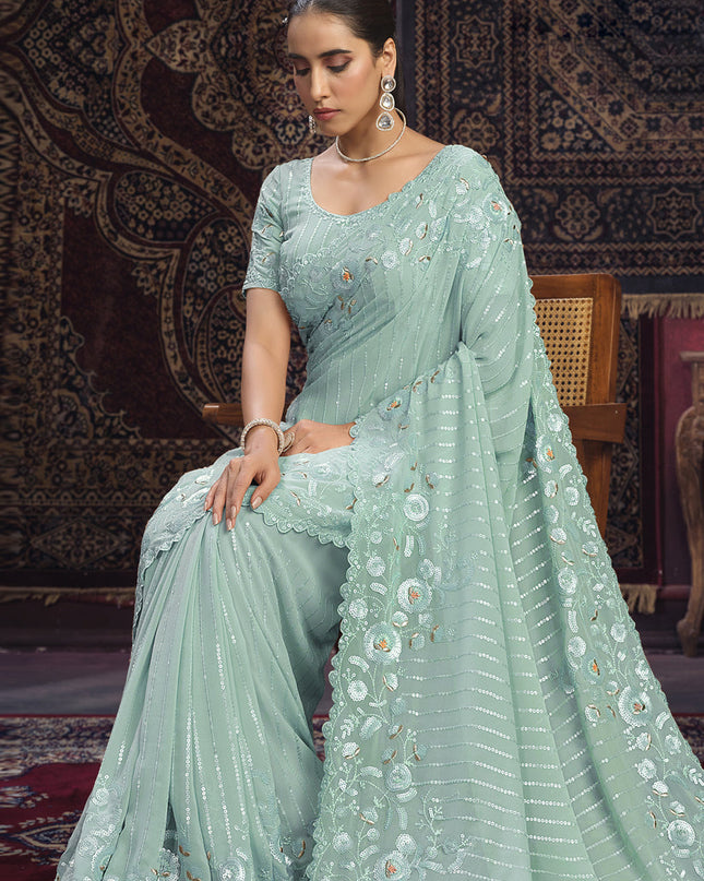 Sea Green Georgette Sequins Work Wedding Saree
