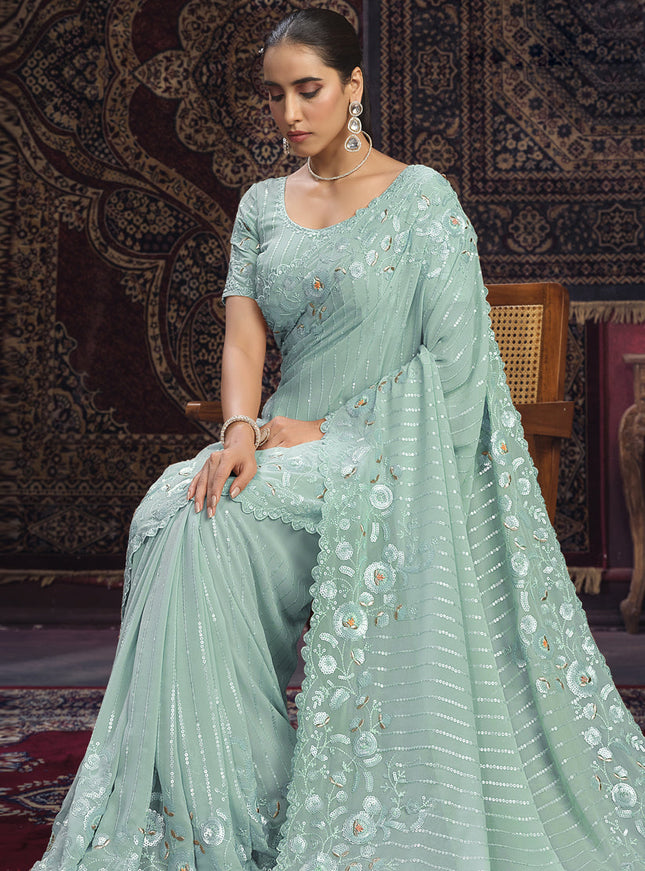 Sea Green Georgette Sequins Work Wedding Saree