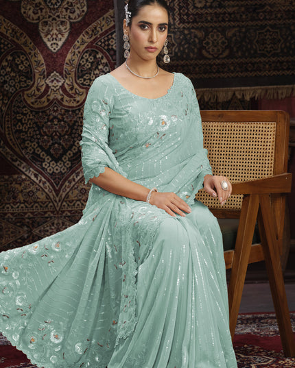 Sea Green Georgette Sequins Work Wedding Saree