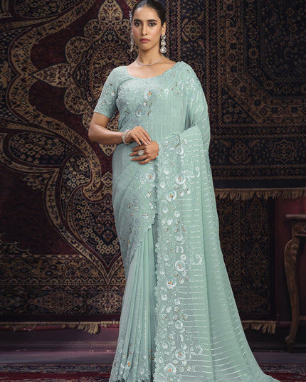 Sea Green Georgette Sequins Work Wedding Saree