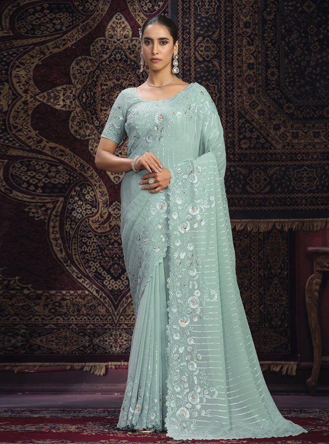 Sea Green Georgette Sequins Work Wedding Saree