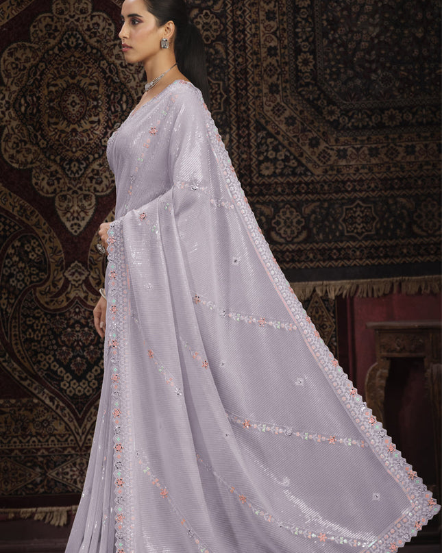 Lavender Georgette Sequins Work Wedding Saree
