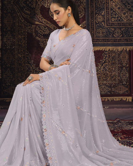 Lavender Georgette Sequins Work Wedding Saree