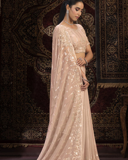 Peach Georgette Sequins Work Wedding Saree