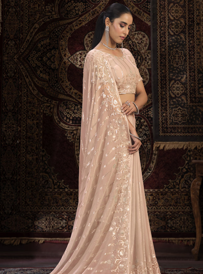 Peach Georgette Sequins Work Wedding Saree
