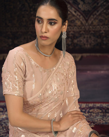 Peach Georgette Sequins Work Wedding Saree