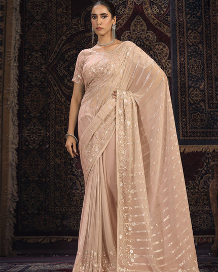Peach Georgette Sequins Work Wedding Saree