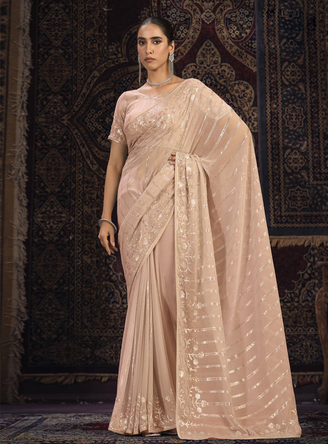 Peach Georgette Sequins Work Wedding Saree