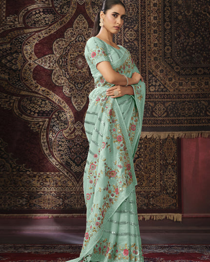 Sea Green Georgette Sequins Work Wedding Saree