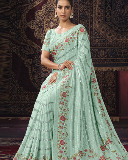 Sea Green Georgette Sequins Work Wedding Saree