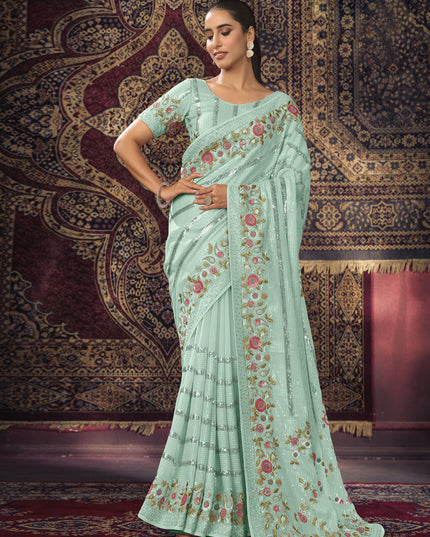 Sea Green Georgette Sequins Work Wedding Saree