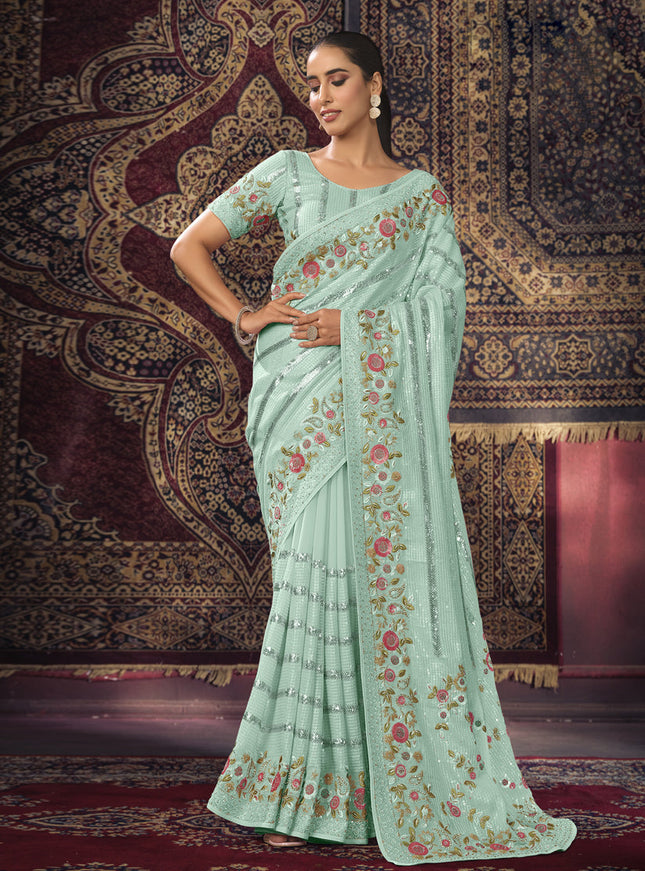 Sea Green Georgette Sequins Work Wedding Saree