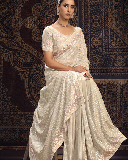 Cream Georgette Sequins Work Wedding Saree