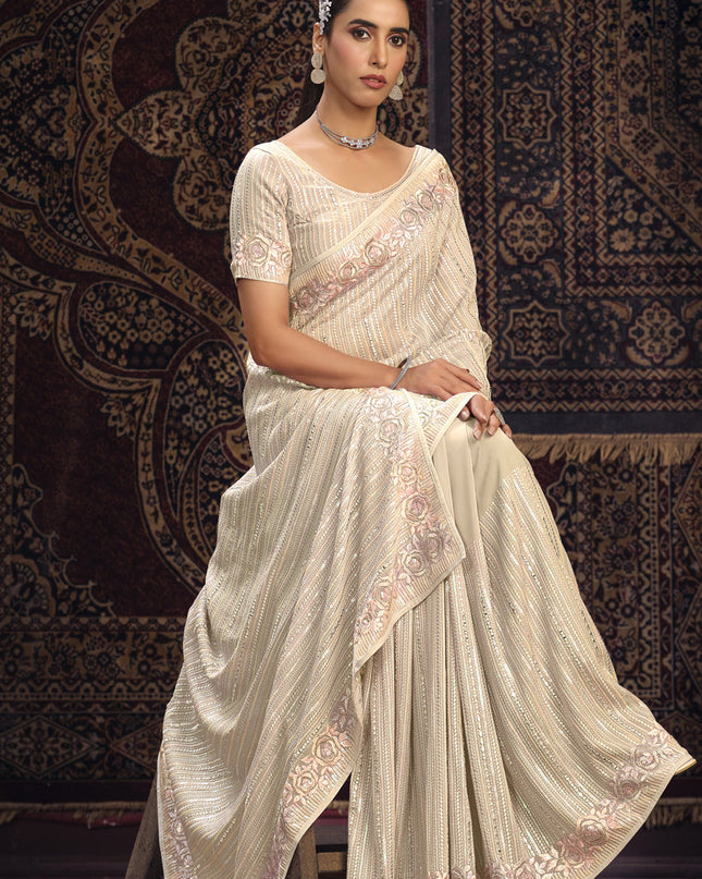 Cream Georgette Sequins Work Wedding Saree