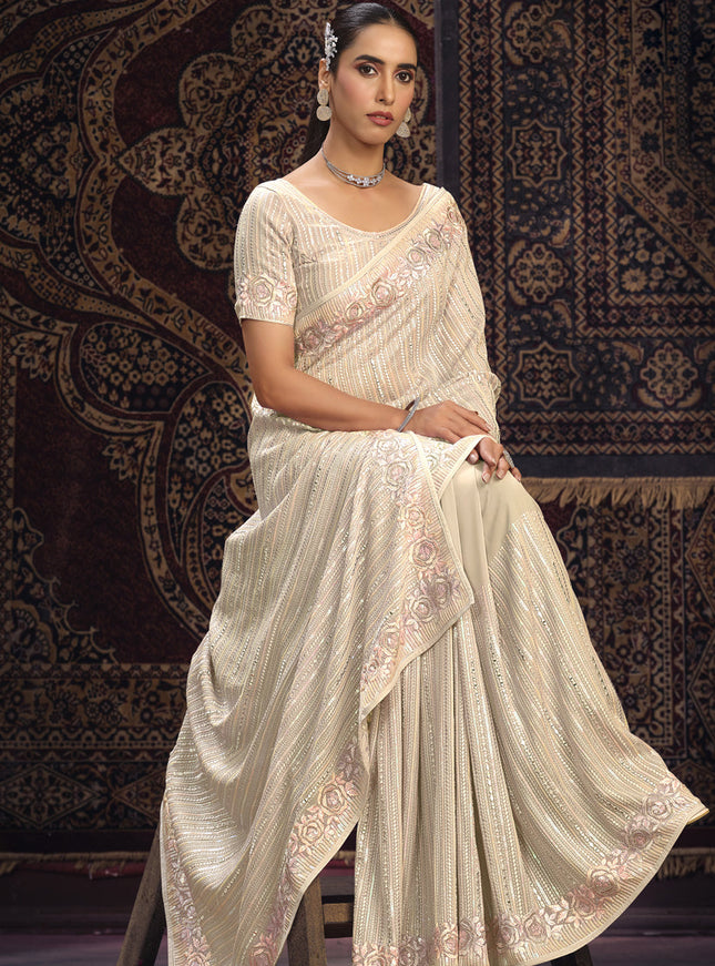 Cream Georgette Sequins Work Wedding Saree