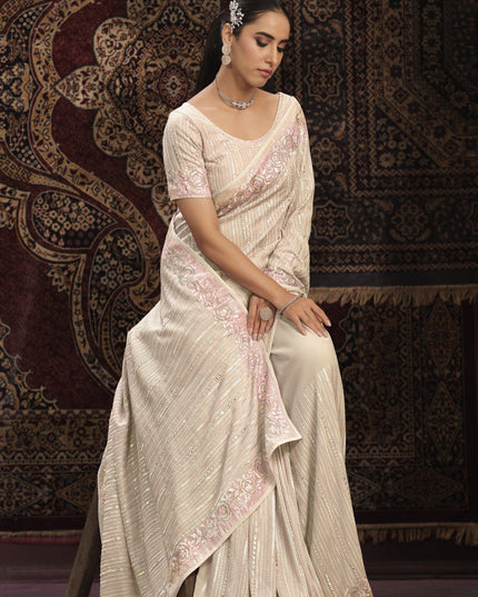 Cream Georgette Sequins Work Wedding Saree