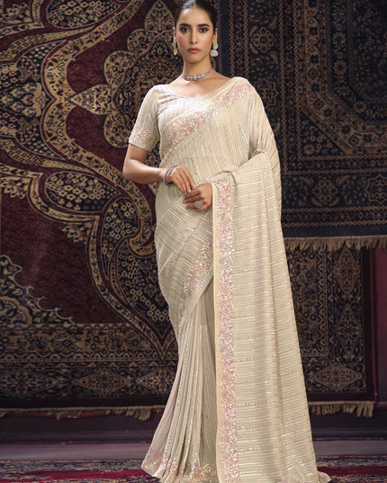 Cream Georgette Sequins Work Wedding Saree