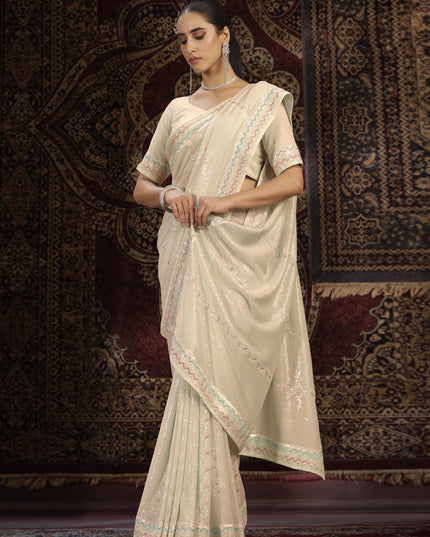 Cream Georgette Sequins Work Wedding Saree