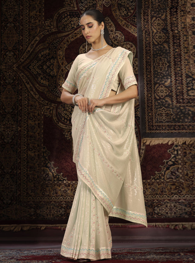 Cream Georgette Sequins Work Wedding Saree