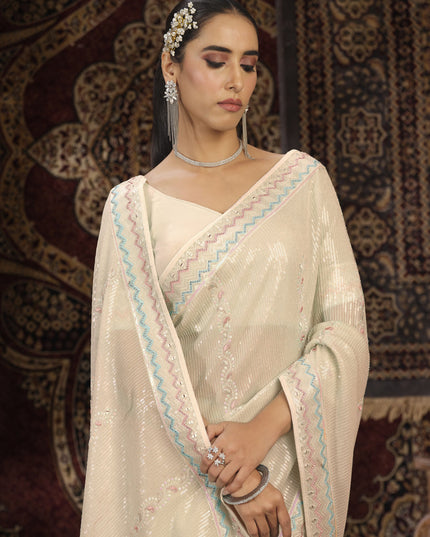 Cream Georgette Sequins Work Wedding Saree